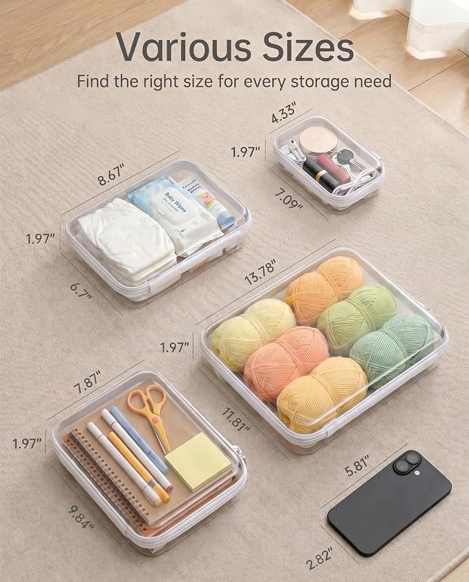 6 Pack Clear Hard Shell Zipper Case, Clear Storage Organizer Bins with Zipper, Water-Resistant Travel Toiletry Bag for Makeup, Cables, Snacks, Crafts, Office Supplies - Image 6