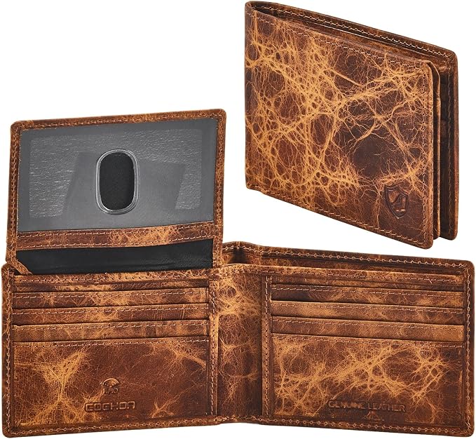 Wallet for Men Slim RFID Blocking Leather Bifold Minimalist 2 ID Windows Gift Box Carteras Para Hombres (DISTRESSED, HAVANA) by Cochoa