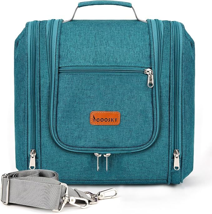 Hanging Travel Toiletry Bag for Women and Men, 6 Organizer Compartments, Large Toiletries essentials, Bathroom Cosmetic Accessories, Water-resistant Makeup Bag, Holds Full-Size Shampoo, Blue by COOSKY