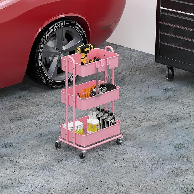 Simple Houseware 3-Tier Heavy Duty Metal Utility Rolling Cart, Pink - Image 4