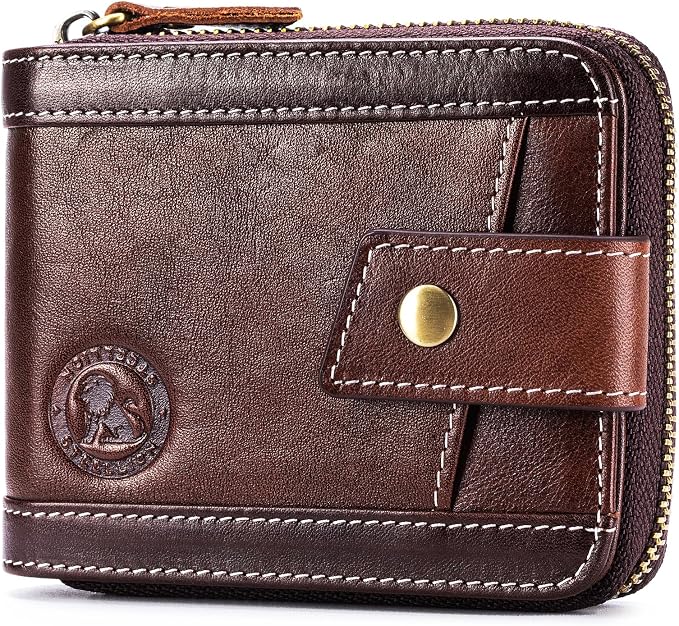 Men's Leather RFID Wallet with Zipper, 14 Card Slots, ID Window | Zippered coin pocket separates loose change; organized for commuting and everyday carry (Coffee) by STEELLION