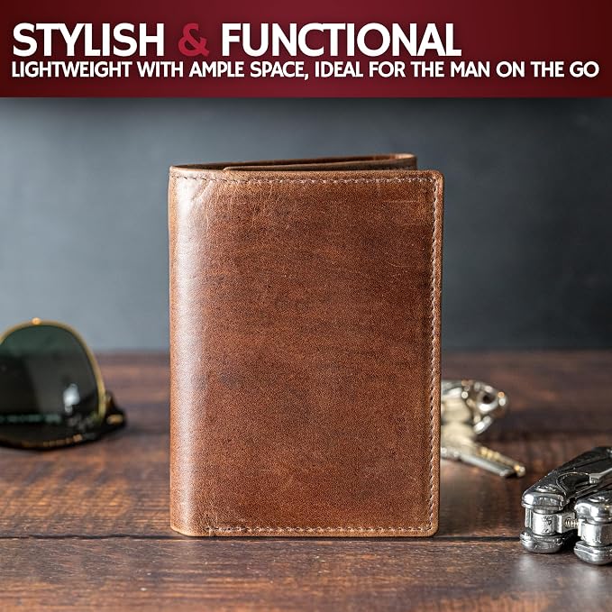 BULL GUARD Leather Trifold Wallets For Men In Grizzly Brown with ID and RFID Blocking Great For Work, Sports, Outdoors, No Logo Design - Image 4
