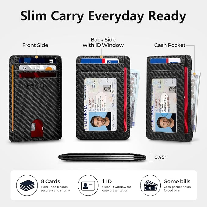 RUNBOX Slim Wallet for Men and Women, RFID Blocking Leather Card Holder | Minimalist 8-slot design fits IDs and credit cards in a thin profile for front pockets, purses, pants and travel - Image 2