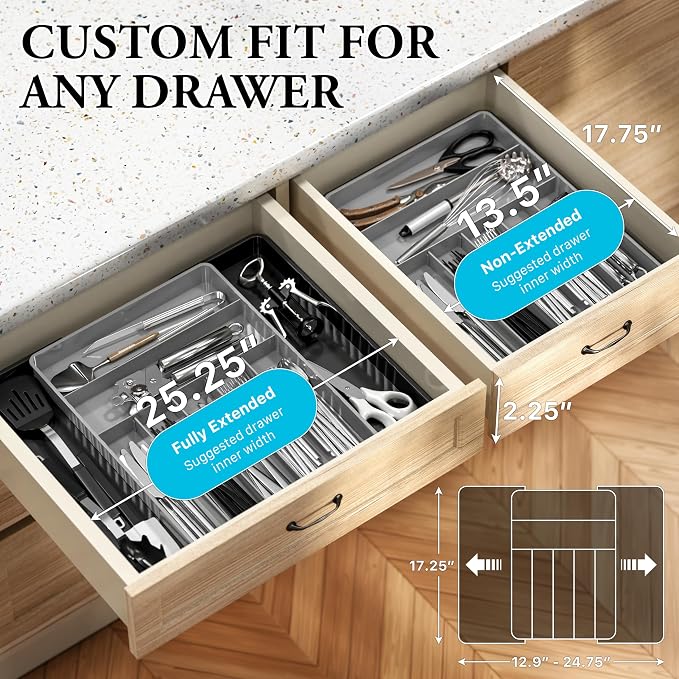 Simple Houseware Expandable Kitchen Drawer Flatware Organizer, Black/Gray | Expandable & Adjustable Cutlery Drawer Organizer - Large Utensil and Flatware Tray for Kitchen Drawers - Image 3