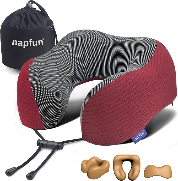 napfun Neck Pillow for Travel, Memory Foam Airplane Pillow, Burgundy | 360° Neck Support, Upgraded 100% Memory Foam for Airplane, Car, Train, Bus, Office Sleep, Travel Essentials for Long Flights by NAPFUN