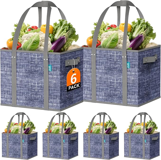 Fab totes Reusable Grocery Bags, Large Foldable Shopping Tote Bags with Reinforced Handles & Hard Bottom,6 Pack,Blue by Fabtotes