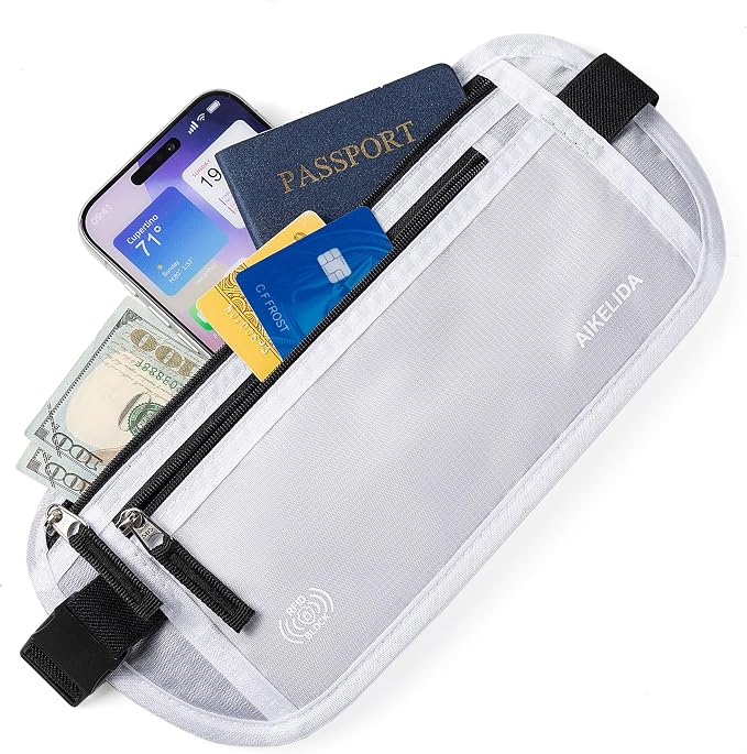 RFID Blocking Money Belt - Passport Holder & Travel Wallet, Slim Hidden Fanny Packs for Women Men - White - Image 2