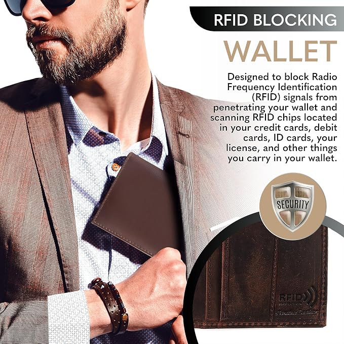 Men's RFID Vintage Look Genuine Leather Long Bifold Wallet Checkbook Wallets,buffalo wax leather,classic brown skull,240-120 - Image 7
