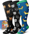 3-Pair Wide Calf Compression Socks for Women | 20-30mmHg Graduated Support, Easy On & Off, Knee High Length, Ankle Support, Travel Nurse Daily Wear, Cute Patterned by Lalapapa