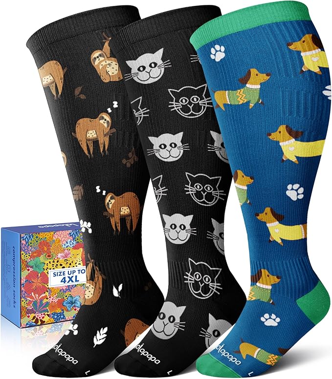3-Pair Wide Calf Compression Socks for Women | 20-30mmHg Graduated Support, Easy On & Off, Knee High Length, Ankle Support, Travel Nurse Daily Wear, Cute Patterned by Lalapapa