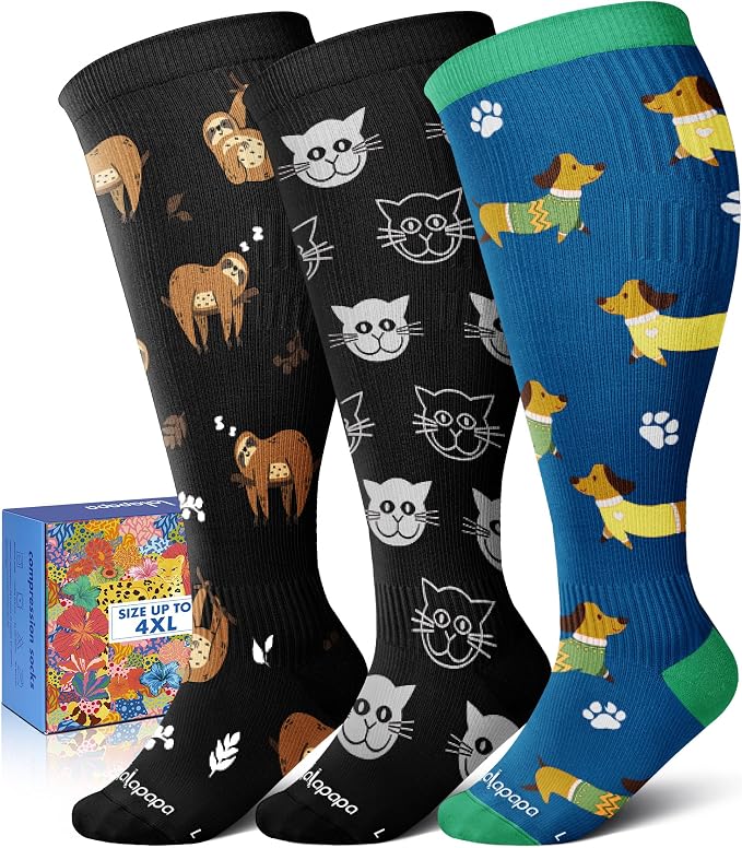 3-Pair Wide Calf Compression Socks for Women | 20-30mmHg Graduated Support, Easy On & Off, Knee High Length, Ankle Support, Travel Nurse Daily Wear, Cute Patterned by Lalapapa