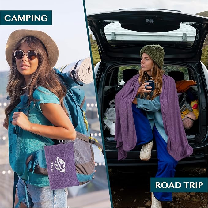PAVILIA Travel Blanket Compact, Airplane Packable Bag, Soft Fleece Portable Throw Pillow Combo Set, Plane Flight Car Trips Essentials Gift Accessories, Luggage Backpack Clip, Purple, 65 x 40 Inch - Image 4