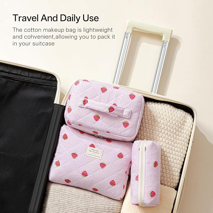 HBselect Quilted Makeup Bag, 3Pcs Cotton Large Travel Makeup Bags Organizer | Cute Floral Make up Bag Cosmetic Bag Toiletry Bag for Women Girls, Makeup Pouch for Skincare, Brushes & Travel Essentials - Image 4