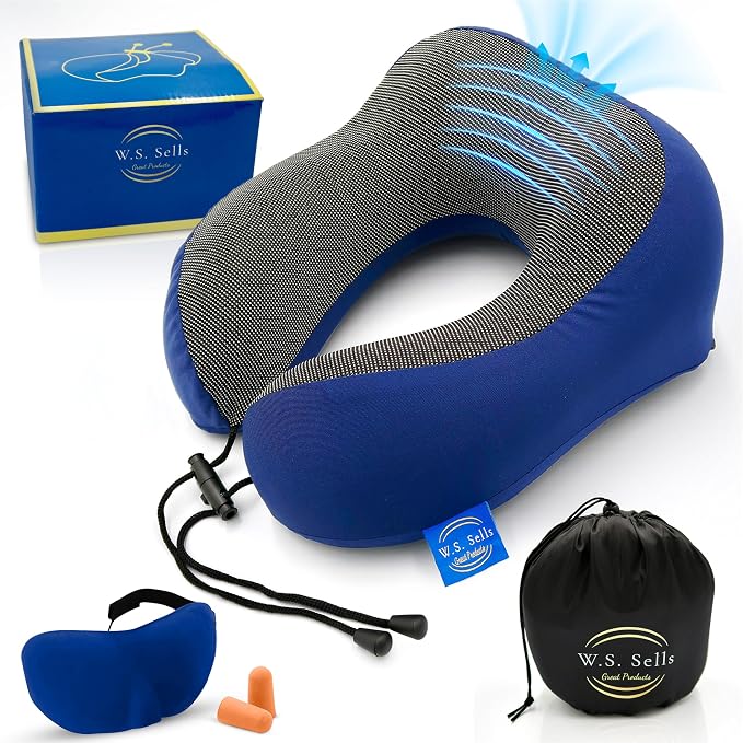 W.S. Sells Travel Neck Pillows for Airplanes - Pure Memory Foam with Ergonomic Design & Breathable Fabric - Travel Pillows for Airplanes & Cars - Set of Travel Essentials with Sleep Mask & Ear Plugs by WSSells