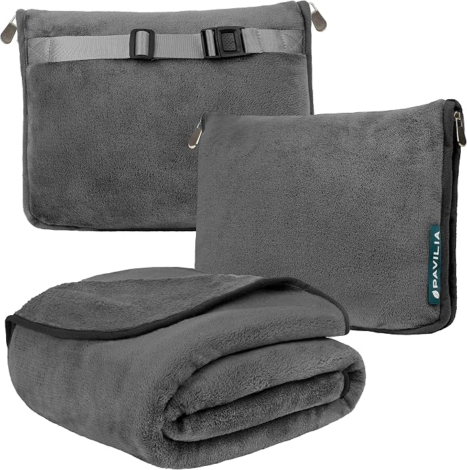 PAVILIA Travel Blanket Pillow, Soft Airplane Blanket 2-in-1 Combo Set, Plane Blanket Compact Packable, Flight Essentials Car Pillow, Travelers Gifts Accessories, Luggage Backpack Strap, 60x43 Gray by PAVILIA