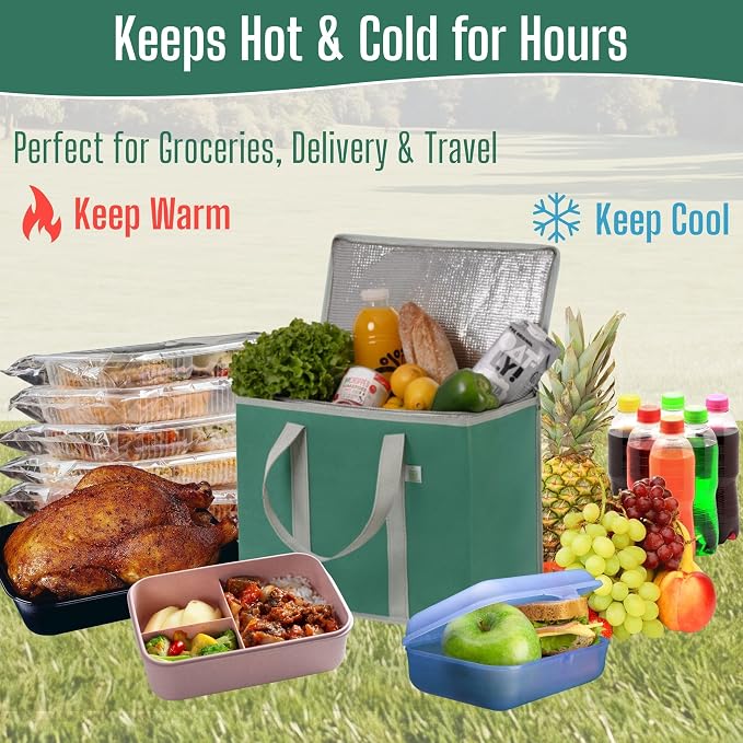 VENO 2 Pack Cooler Bag Insulated Grocery Bags for Food Delivery Heavy Duty | Large Collapsible Cooler, Reusable Shopping Tote with Zippers, Foldable, Stands Upright, for Picnic Camping (Green, 2 Pack) - Image 6