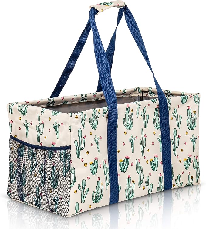 Extra Large Utility Tote Bag, Oversized Collapsible Reusable Wire Frame Rectangular Canvas Basket With Two Exterior Pockets For Beach, Pool, Laundry, Car Trunk, Storage - Cactus White by Lucazzi