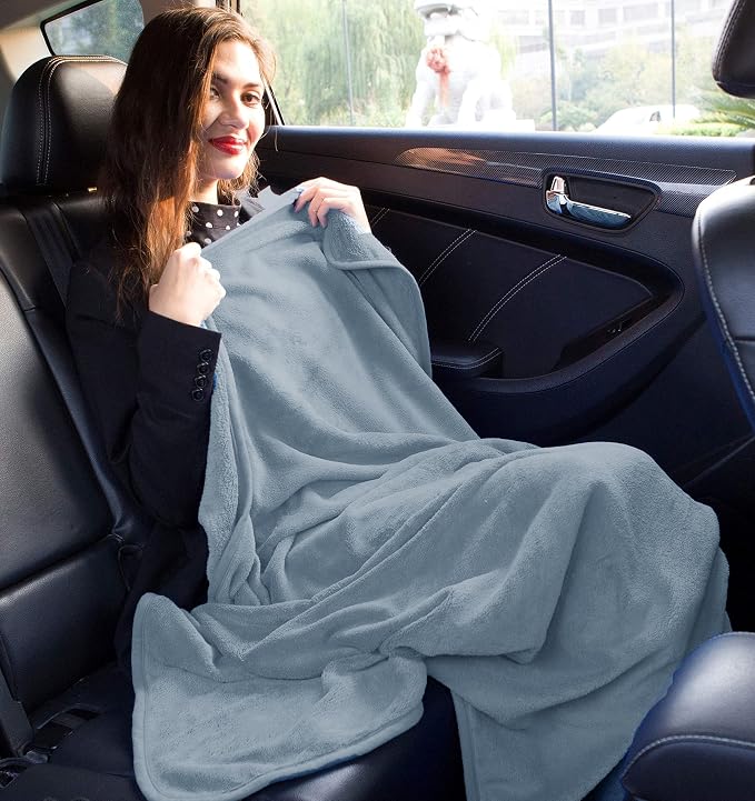 BlueHills Premium Soft Travel Blanket Pillow Combo Airplane Grayish Blue | Airplane Pillow/Blanket, Matching Soft Case, Hand Luggage Belt & Backpack Clip, Long Cruise Throws, Plane Travel Essentials - Image 4