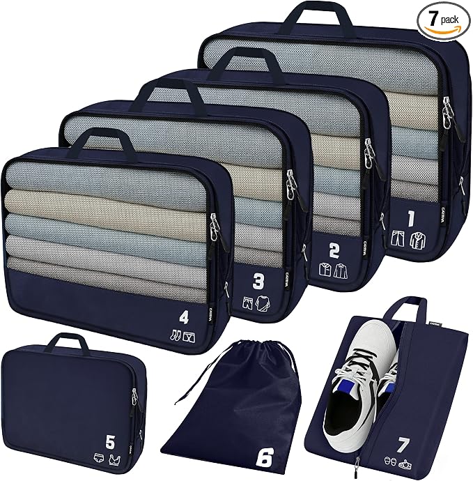 7 Set Compression Packing Cubes for Travel, Luggage Organizer Bags for Suitcases with Mesh Panels, Shoe Bag & Toiletry Bag for Carry On, Vacation & Cruise Essentials (Navy Blue) by Carttiya