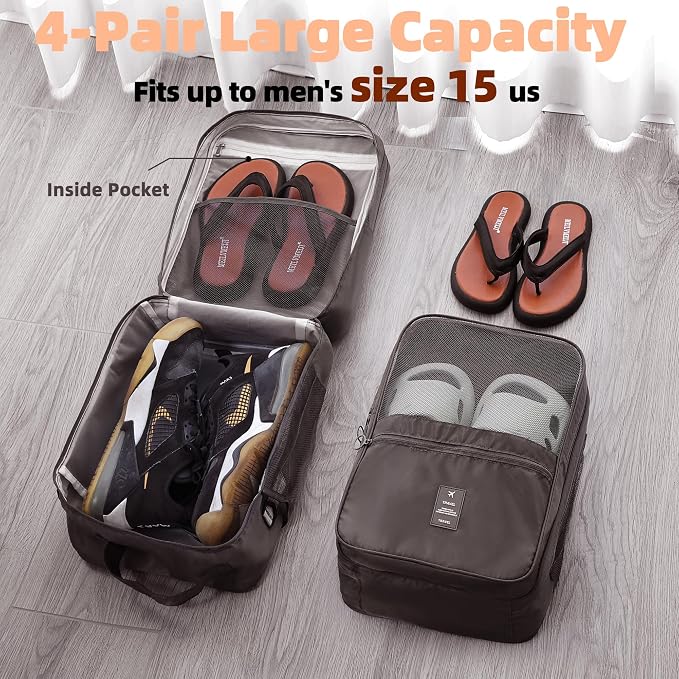 Large Shoe Bags for Travel Holds 4 Pair of Shoes, Shoe Storage Pouch with 3 Layers Compartments, Waterproof & Washable (Black) - Image 3