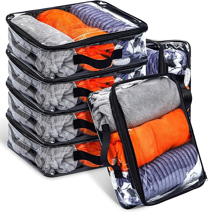 6 Pieces Large Clear Travel Packing Cube Clear Vinyl Zippered Storage Bags See Through Moving Bag PVC Multipurpose Pouch with Handle for Suitcase Shirts Dress Storage (Black, 11.8 x 10.2 x 3.9 Inch) by Hillban