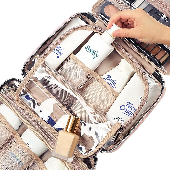 NISHEL Travel Toiletry Bag for women, Portable Hanging makeup Organizer | for Travel-Sized Shampoo, Conditioner, Brushes Set, makeup Accessories, Medium Size, Pink - Image 5
