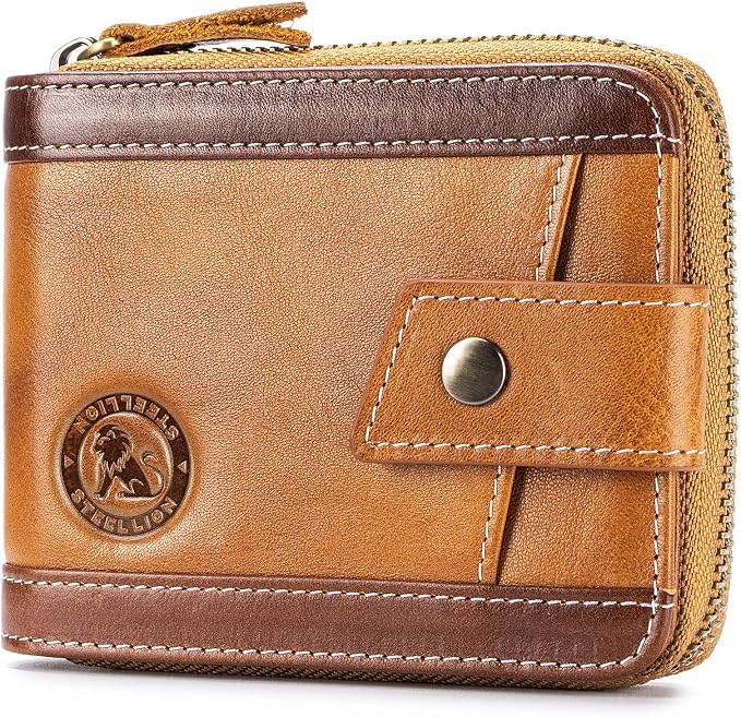 Men's Leather RFID Wallet with Zipper, 14 Card Slots, ID Window | Zippered coin pocket separates loose change; organized for commuting and everyday carry (Brown) by STEELLION