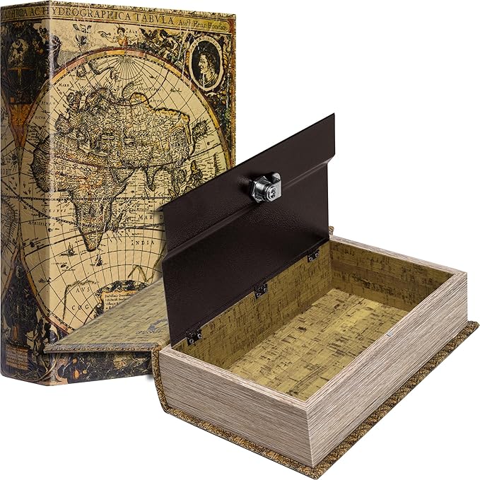 Barska Antique Map Book Safe with Key Lock – Hidden Diversion Lock Box with Magnetic Closure – Concealed Steel Compartment for Cash, Jewelry, Valuables – Home or Office Security Hidden Book Safe by Barska
