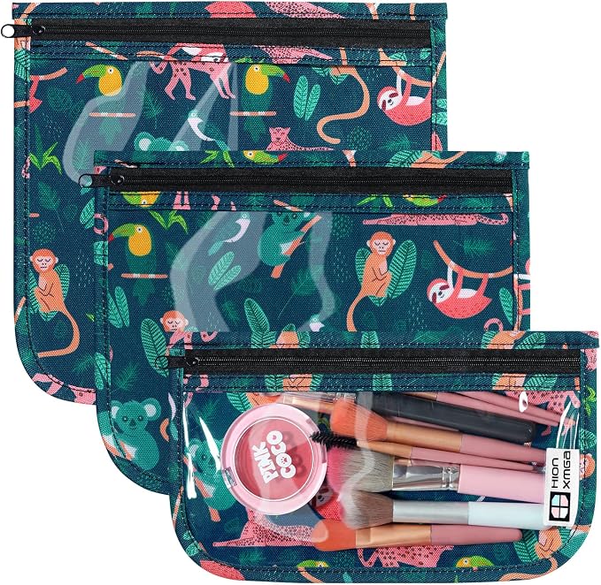 HIONXMGA Set of 3 Clear Travel Toiletry Bag, TSA Approved, Quart Size S/M/L | Clear Front Zipper Pouches Waterproof Cosmetics Bags for Women Kids Toiletries Baby Essentials Well-Organized Carry, Jungle by HIONXMGA