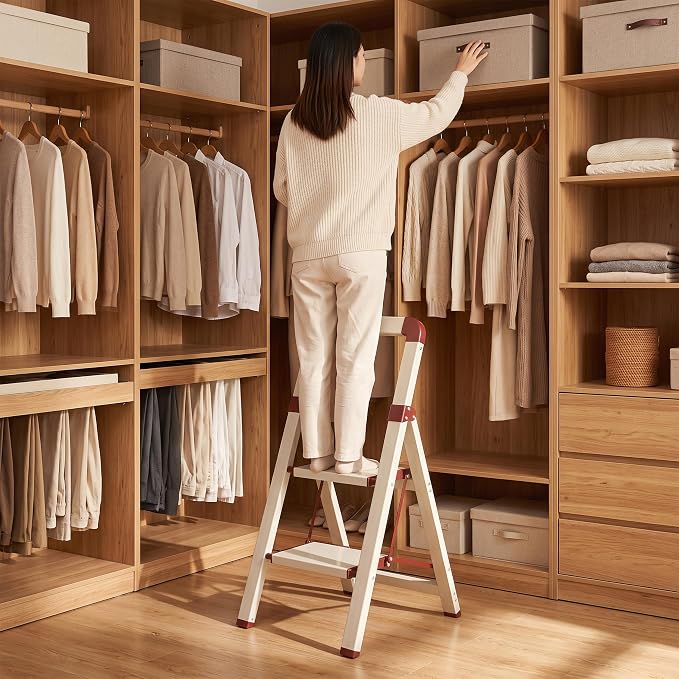Step Ladder 2-Step White Finish Aluminum Iron Folding Ladders | Anti-slip Sturdy Foldable Ladder Step Stool for Kitchen Home Office Libaray - Image 5