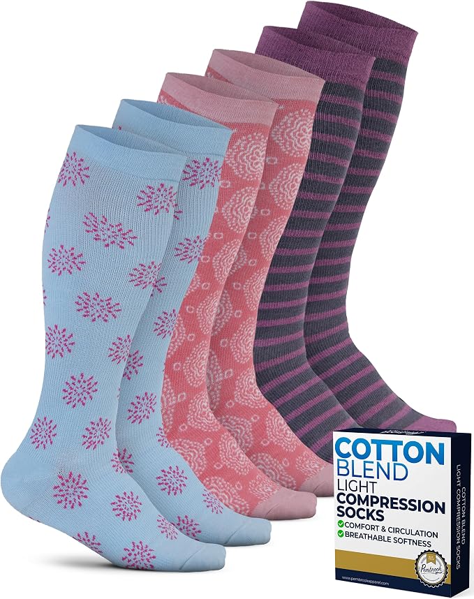 Pembrook® Light Compression Socks for Women - 3 Pairs | 8-15 mmHg Cotton Compression Socks for Pregnancy, Knee High Comfort by Pembrook