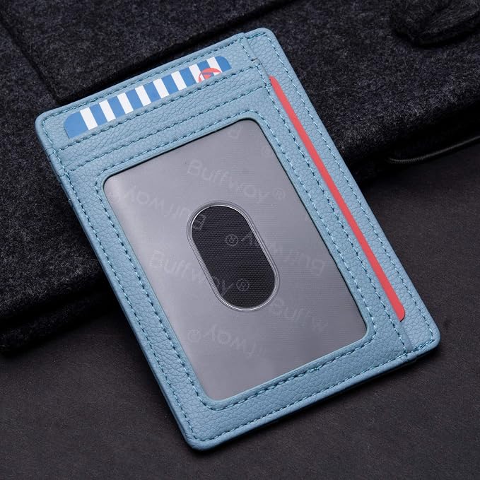 Buffway Slim Minimalist Front Pocket RFID Blocking Leather Wallets for Men and Women - Lichee Blue Grey - Image 3