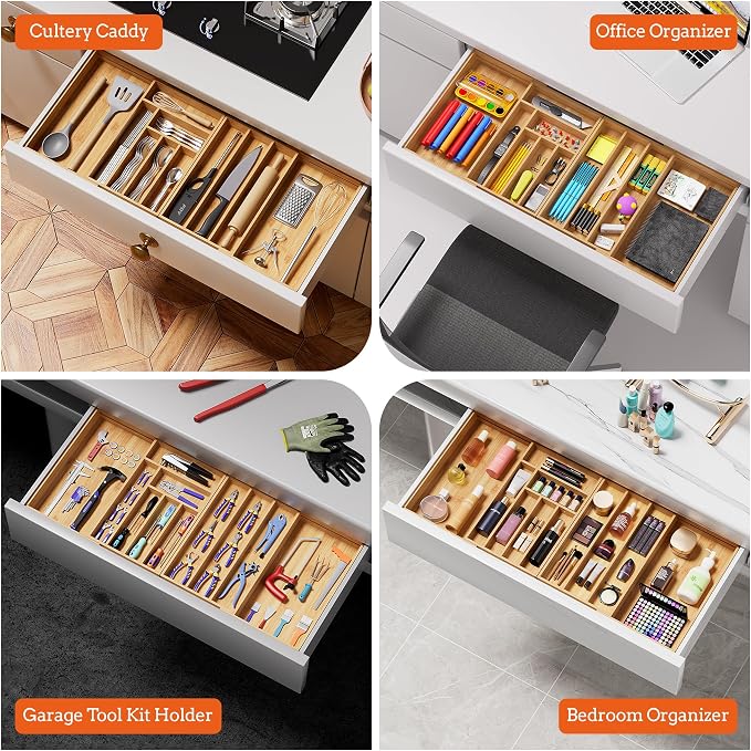 Bamboo Expandable Silverware Drawer Organizer, 11 Slots Utensil Holder | Magnetic Splice Design, Expandable 21-37.4 Inch, 11 Slots, Natural Bamboo, Large Capacity Kitchen Utensil Storage - Image 8