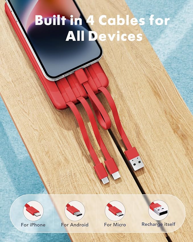 charmast Portable Charger with Built-in Cables X 4, Portable Phone Charger | 10000mAh USB C Battery Pack for All Phones Tablets,Cables Reinforced,Charge 6 Devices at Once,for Women Teens Students - Image 2
