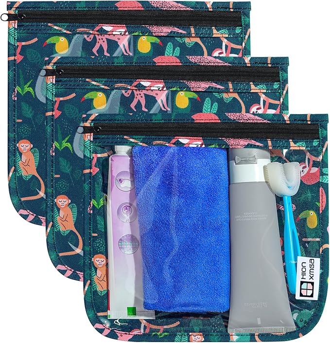 HIONXMGA Set of 3 Diaper Bag Organizing Pouches, Space-Saving, 3 Large Size | Clear Front Toiletry Bags Waterproof Zipper Pouches for Women Kids Toiletries Baby Essentials Well-Organized Carry, Jungle by HIONXMGA