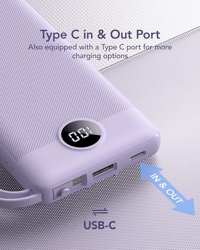 VRURC Portable Charger Power Bank, USB C Battery Pack 10000mAh, Flight-Safe Travel Essentials, 5 Outputs 2 Inputs Slim Phone Charging Bank Built-in Cables for Multi Devices-Lavender(1 Pack) - Image 6