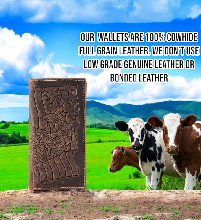 F&L CLASSIC Men's RFID Vintage Look Genuine Leather Long Bifold Wallet Checkbook Wallets,brown eagle flag,240-101 - Image 4
