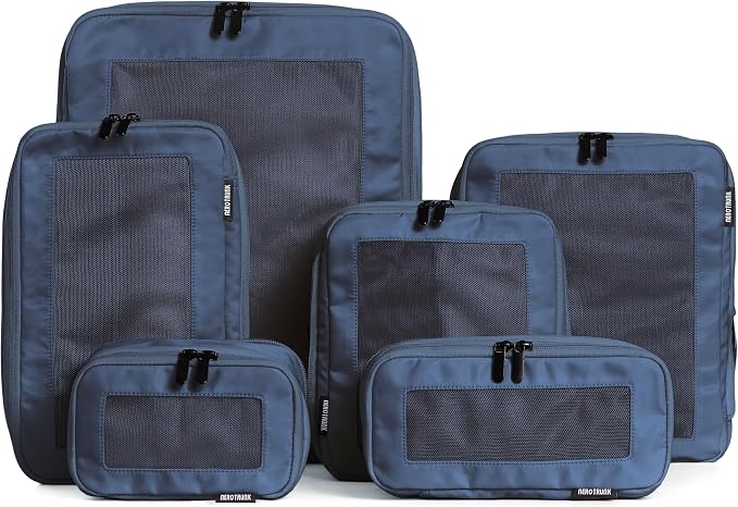 Compression Packing Cubes for Travel, 6-Pack, Dark Blue | Solves overpacking, 6-Piece set fits most suitcases, 50% Space savings, Compression luggage organizer bags by Aerotrunk