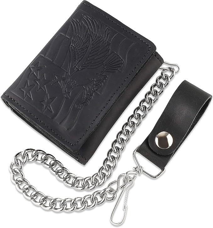 RFID Blocking Men's Tri-fold Vintage Biker Cowhide Leather Steel Chain Wallet,Snap closure, Made In USA,tc315-122,flag/eagle,black by FLCLASSIC