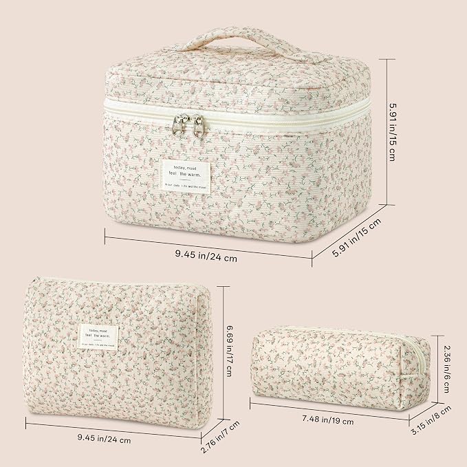 HBselect Quilted Makeup Bag, 3Pcs Cotton Large Travel Makeup Bags Organizer | Cute Floral Make up Bag Cosmetic Bag Toiletry Bag for Women Girls, Makeup Pouch for Skincare, Brushes & Travel Essentials - Image 5