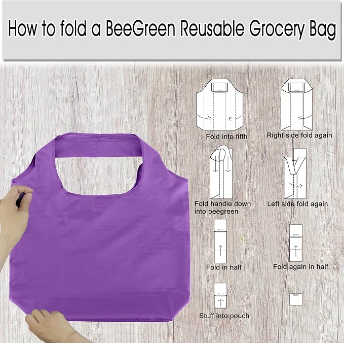 BeeGreen Purple Reusable Grocery Bags Wholesale Purple Reusable Kitchen Bags Bulk Foldable-Machine Washable with Zipper Storage Pouch 50 Packs - Image 6
