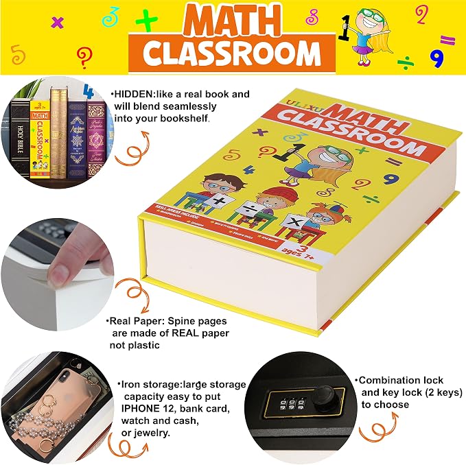 Orange Band Math Classroom Book Safe with Real Pages, Student Secret Compartment Items Storage Box with 3-Digit Combination Lock, Decorative Hidden Stash Box, Desk Allowance Coin Bank, 9.3"x6.0"x2.3" - Image 4