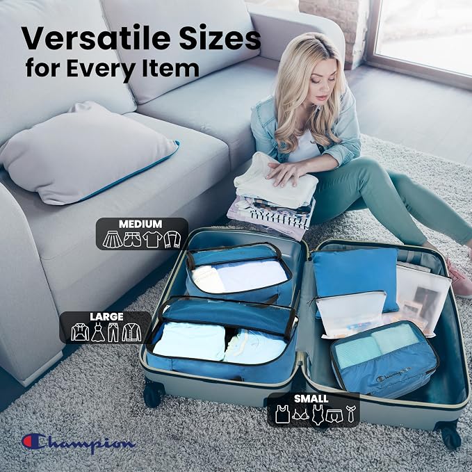 Champion Packing Cubes for Travel - 6 Piece Organizer Set, Carry-On Ready | Breathable mesh, sturdy handles; 3 cubes, 1 laundry bag, 2 zip pouches; zipper closure; fits carry-on and full-size suitcases - Image 5