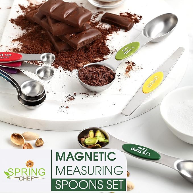 Spring Chef Stainless Steel 8 Magnetic Measuring Spoons, 2 Pack, Multicolor | Dual Sided Metal Teaspoon & Tablespoon Measuring Spoons with Leveler for Dry & Liquid Ingredients, Nesting, Dishwasher Safe - Image 7