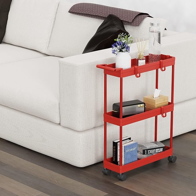 Simple Houseware 3-Tier Slim Rolling Cart w/Handle 5.5" Wx27.5 H, Red | Storage Cart for Narrow Space (5.5-Inch Wide) Kitchen, Bathroom, Laundry Room - Image 5
