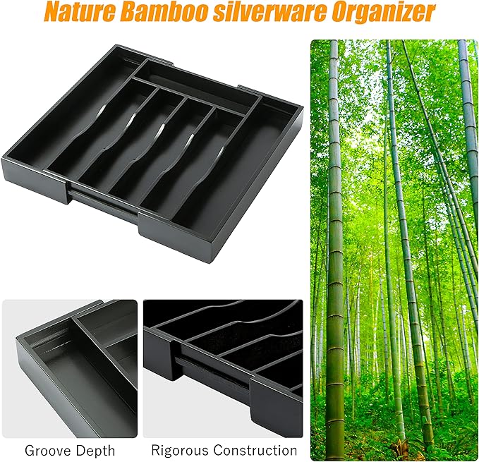 Bellsal Black Silverware Organizer Kitchen Drawer Organizer Expandable Bamboo Utensil Holder Cutlery Tray for Kitchen Utensil and Flatware Bedroom Office - Image 6