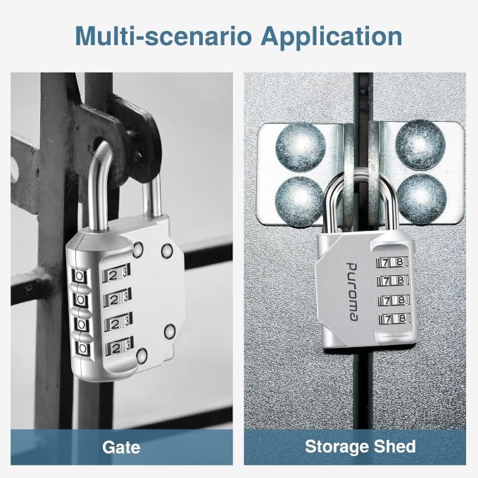 Puroma 1 Pack Combination Lock Locker 4 Digits Combo Padlock Gym Silver | For School Gate Fence Toolbox Hasp Storage, Outdoor, Resettable, Weatherproof, Side Window, Crack Cut Resist, Hardened Steel - Image 6