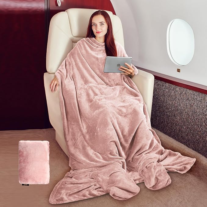 Tirrinia Travel Blanket Pillow - Wearable Airplane Blanket with Feet Pockets for Long Flights, Airplane Accessories Blanket Robe for Women and Men, Gift for Her by Tirrinia