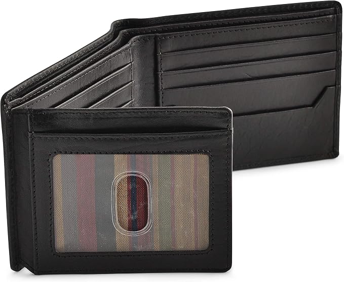 BULL GUARD Black Leather Wallet for Men with RFID Blocking - Bifold High Capacity with Side Flip 2 ID Windows and 10 Credit Cards Slots by BullGuard