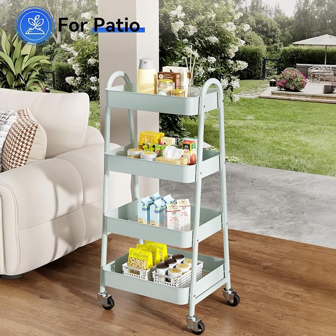 OLIXIS Metal 4 Tiers Rolling Storage Utility Cart with Lockable Wheels | Mobile Organizer Shelf, Space-Saving, Freestanding, Bathroom, Living Room, Slim, Narrow Corner Spaces, Green - Image 8